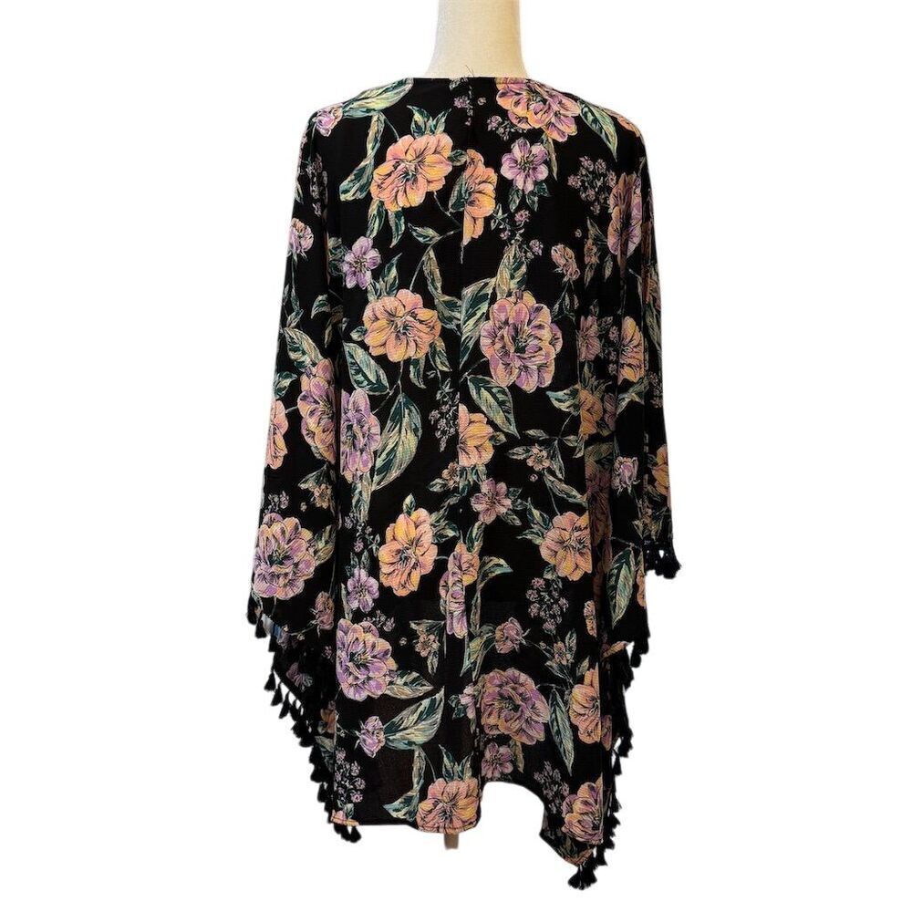 Freshwater Black Floral Kimono Duster Tassel Cover Up Size 2X Boho - Picture 5 of 10